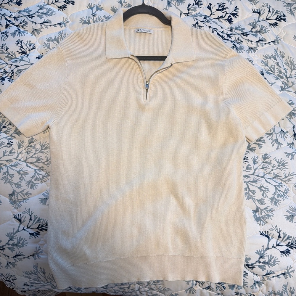 Zara Beige Ribbed Zip Collar Top